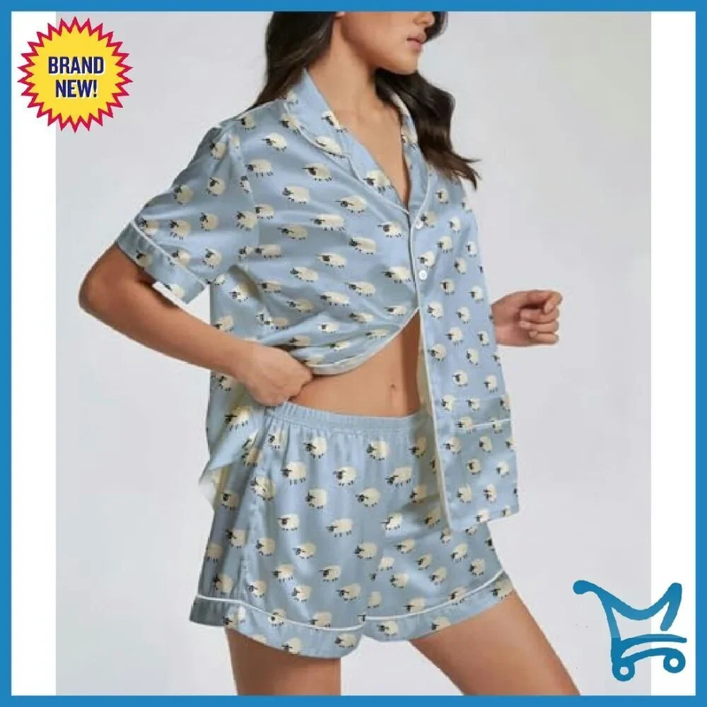 Women's Silk Satin Pajama Set Short Sleeve Button Down 2 Piece PJs Cozy